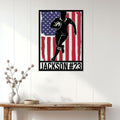 Patriotic rugby wall sign displayed on a white paneled wall above a console table