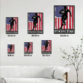 Rugby metal sign size guide showing multiple square size options in a living room setting