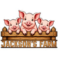 Custom pig farm metal sign featuring three cheerful piglets leaning over a rustic wooden fence