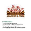 Pig farm metal sign shown with a three-pig design alongside a cut metal sign feature infographic