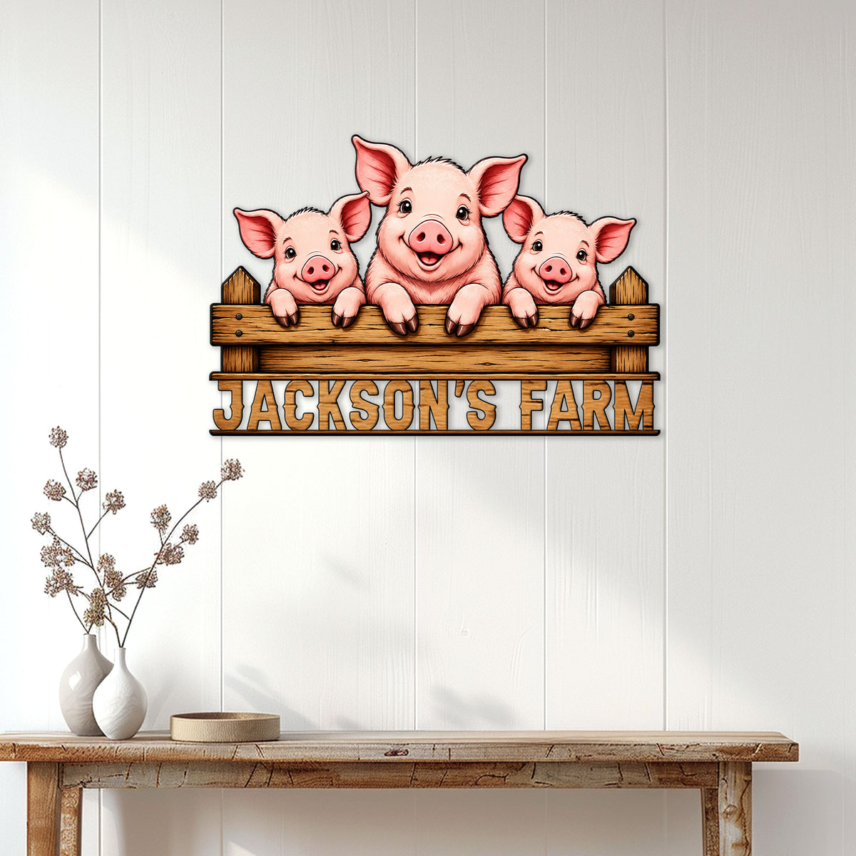 Pig family metal sign displayed on a white paneled wall in a rustic farmhouse entryway