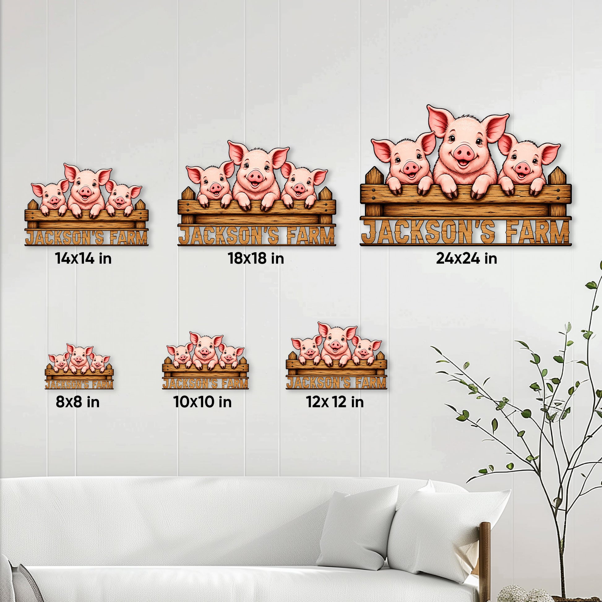 Pig farm metal sign size guide showing the design in six available square sizes from 8x8 to 24x24 inches