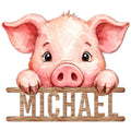 Watercolor pink pig metal sign peeking over rustic wood-style lettering and rails