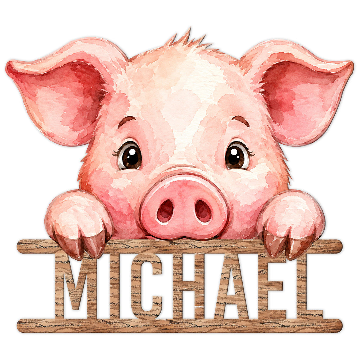 Watercolor pink pig metal sign peeking over rustic wood-style lettering and rails