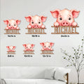 Pig metal sign size guide showing multiple square size options in a bright living room setting