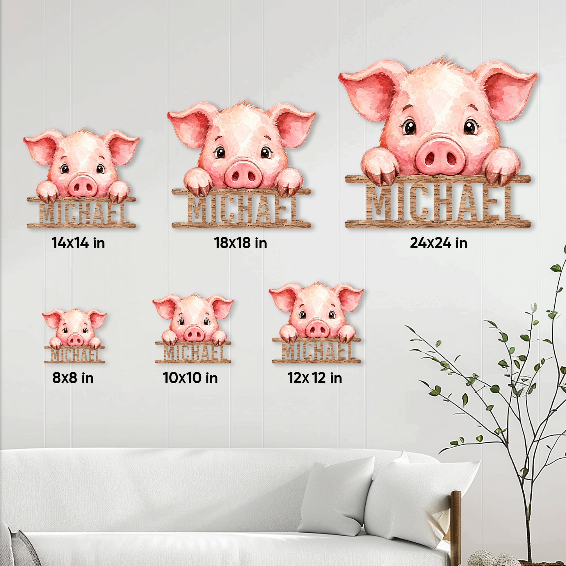 Pig metal sign size guide showing multiple square size options in a bright living room setting