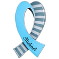Blue diabetes awareness ribbon metal sign with striped silver accents
