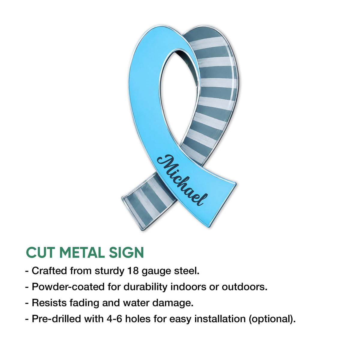 Close product view of a blue diabetes awareness ribbon metal sign