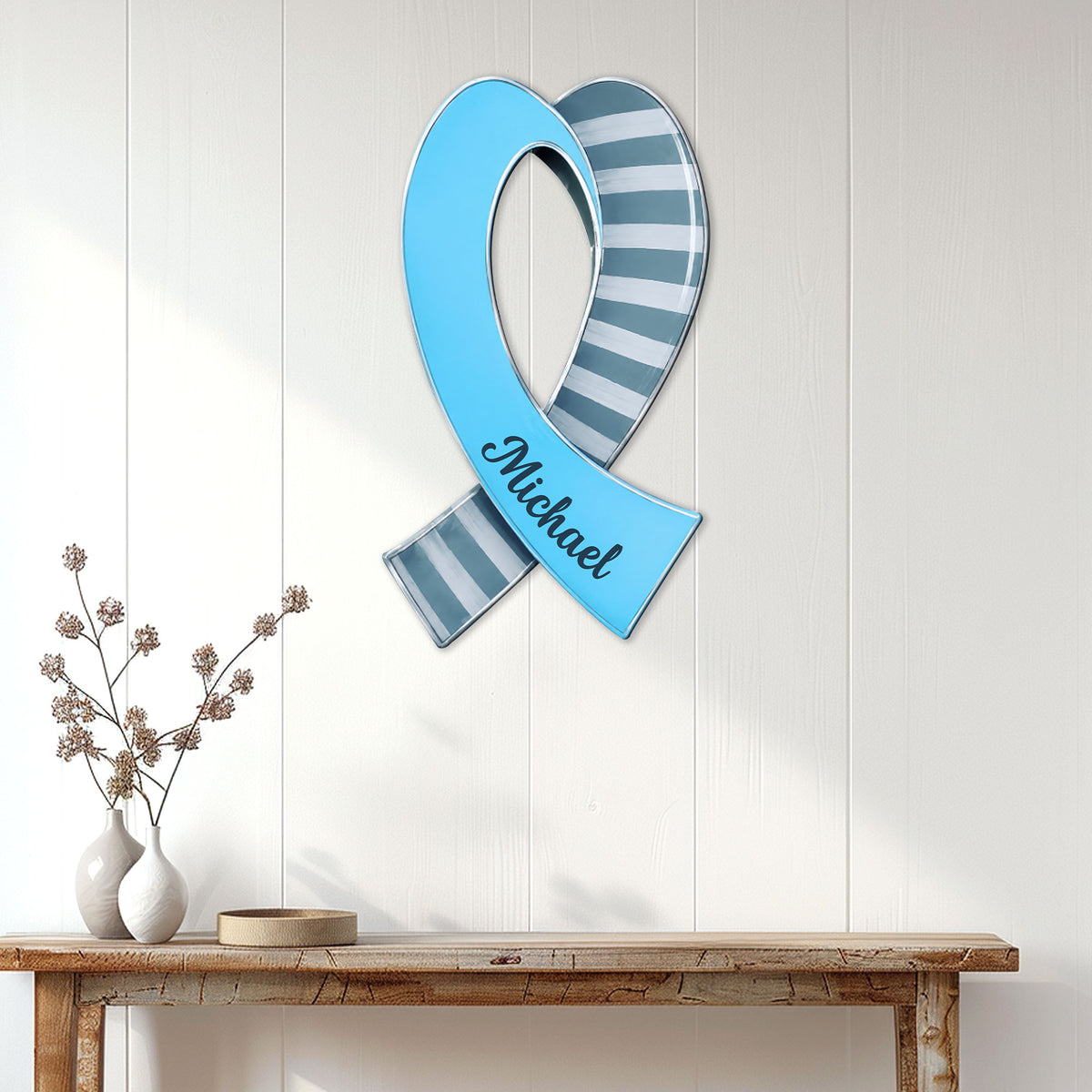 Diabetes awareness ribbon wall decor displayed in a bright home entryway