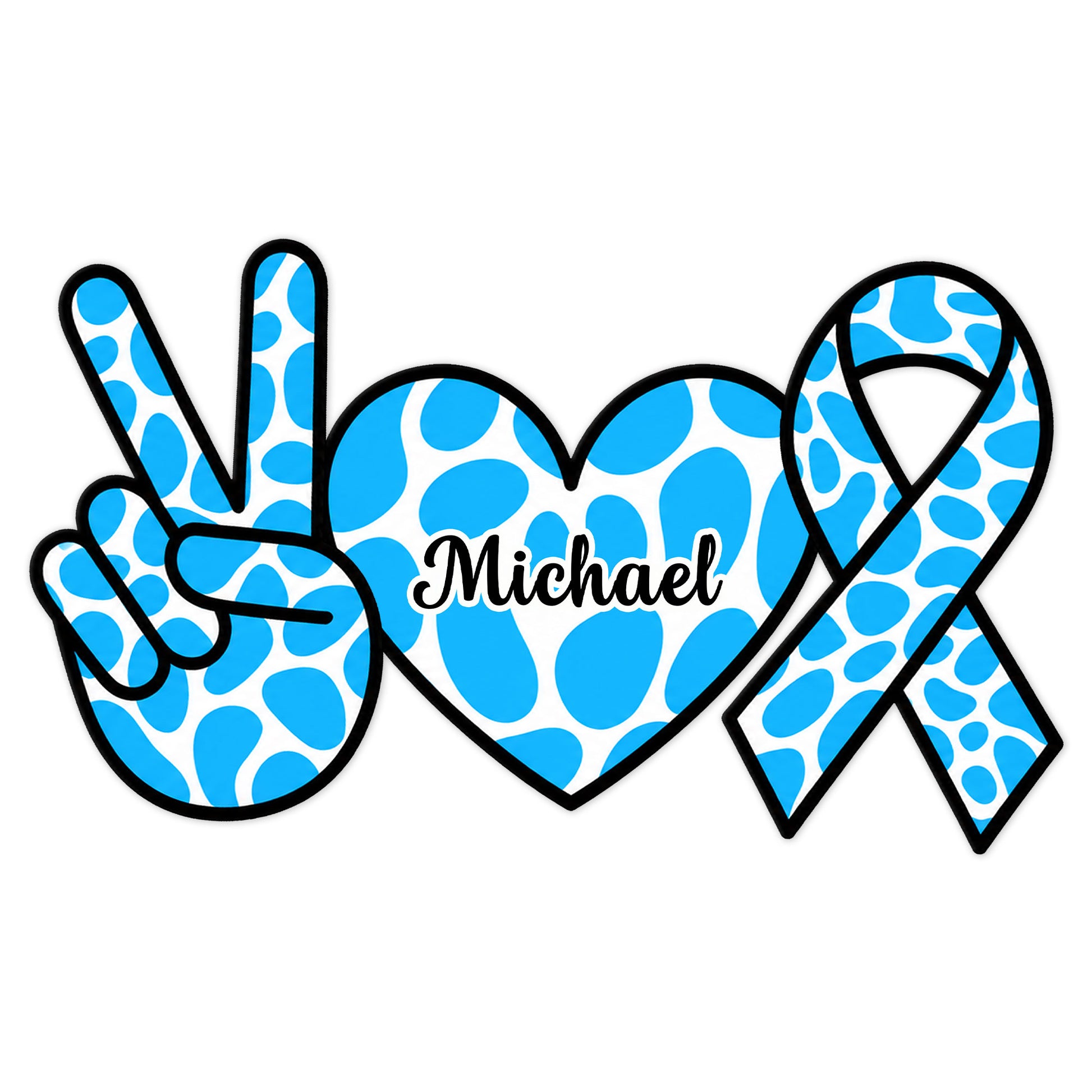 Custom diabetes awareness metal sign with blue ribbon, heart, and hand peace sign design
