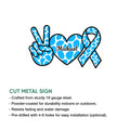 Diabetes awareness cut metal sign featuring a blue patterned ribbon, heart, and supportive peace hand