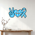 Blue diabetes awareness wall sign displayed on white paneling above a rustic console table