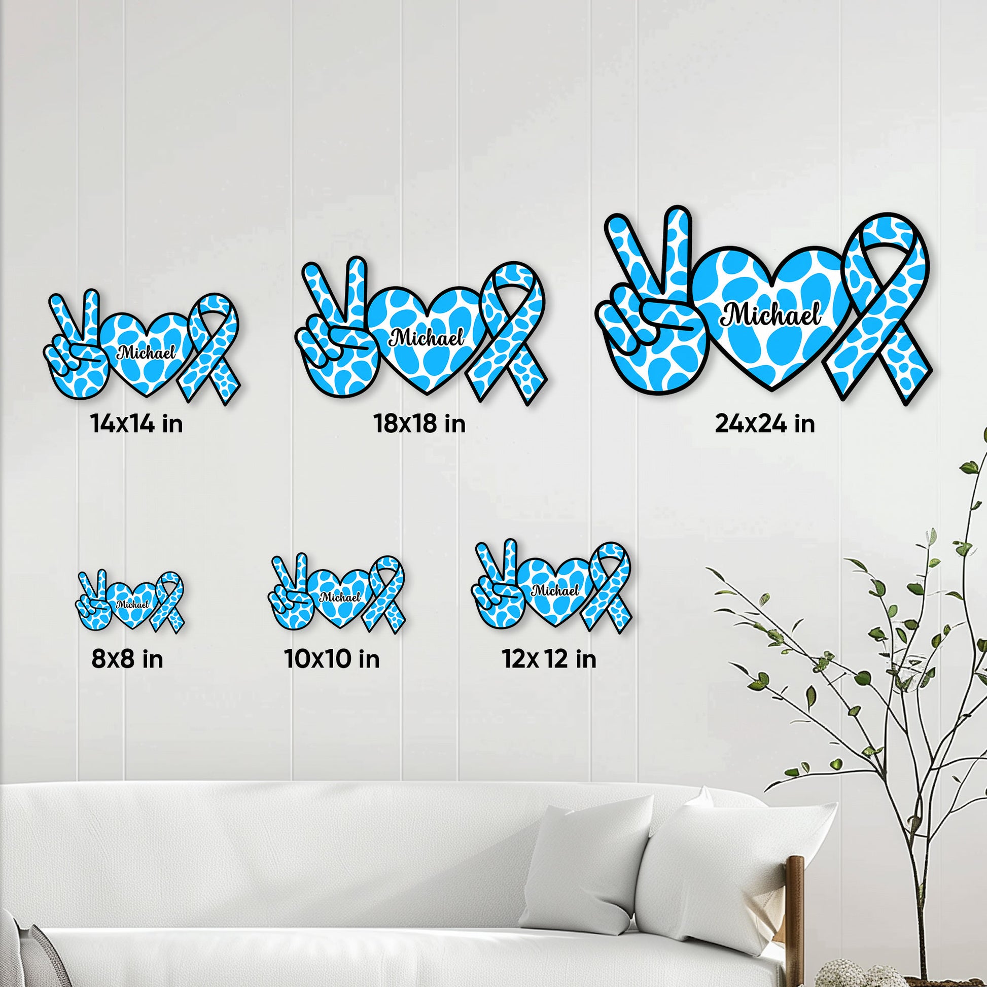 Diabetes awareness metal sign size guide showing available square sizes from 8x8 to 24x24 inches