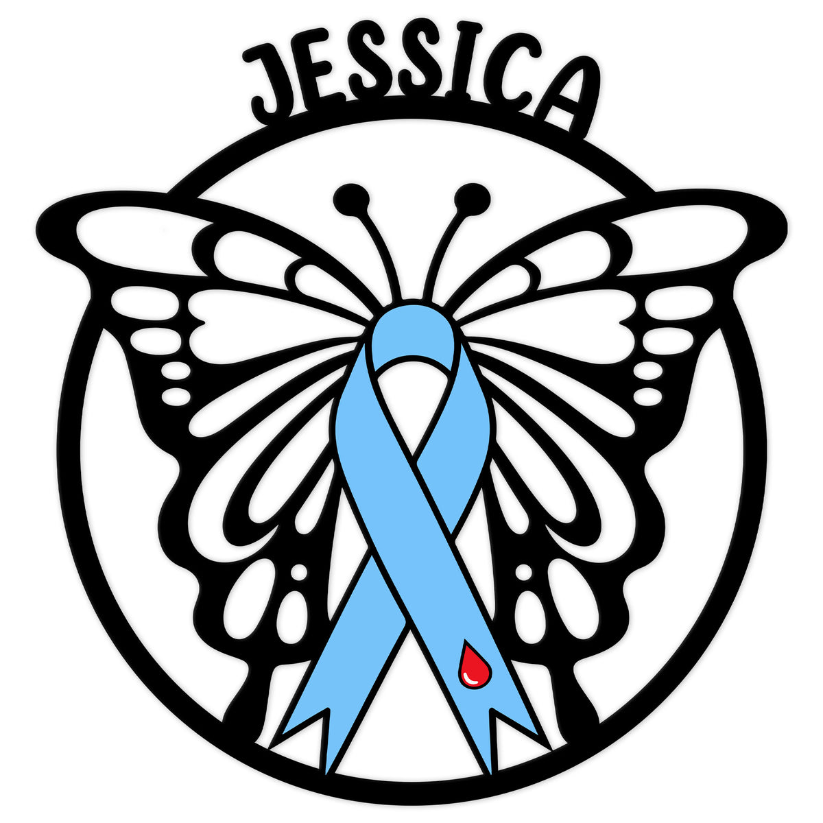 Diabetes awareness metal sign featuring a butterfly design with a blue awareness ribbon and red blood drop