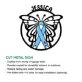 Cut-metal diabetes awareness sign featuring a butterfly and blue ribbon, shown with product feature details