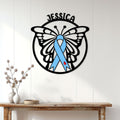 Diabetes butterfly awareness metal sign displayed as wall decor in a bright modern entryway