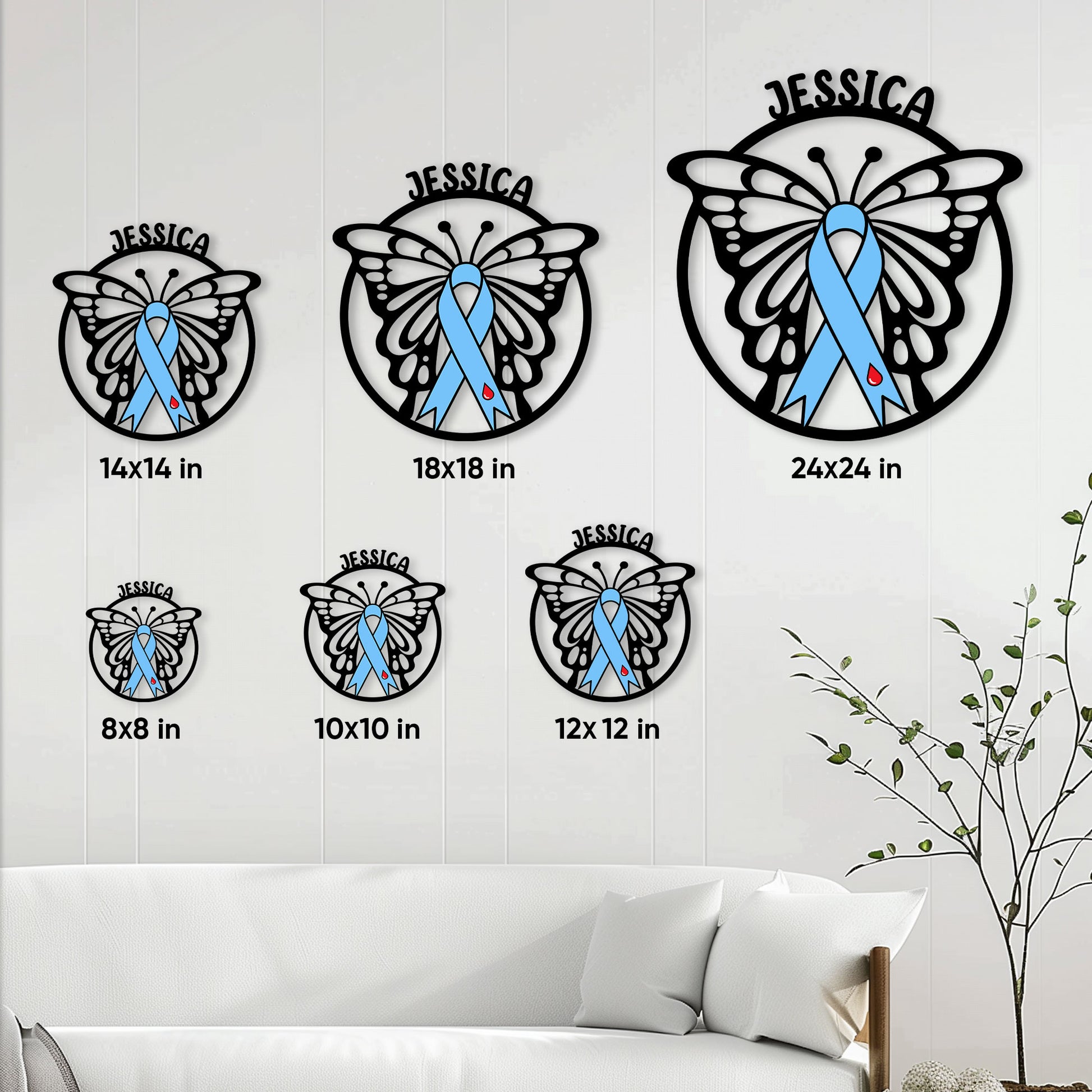 Diabetes awareness butterfly sign size guide showing available square dimensions from 8 by 8 to 24 by 24 inches