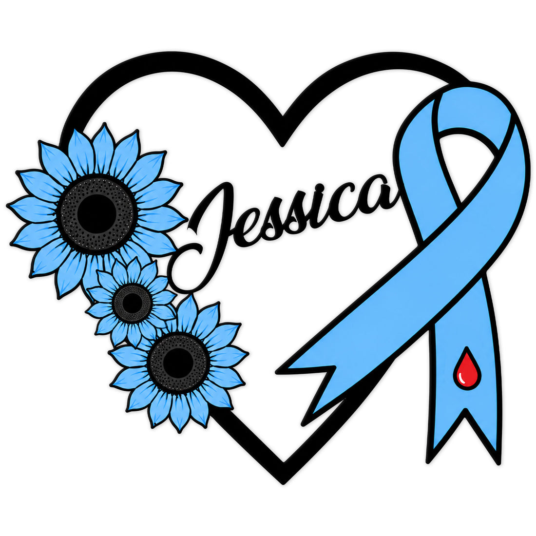Diabetes awareness metal sign with a blue ribbon, heart outline, and sunflower design