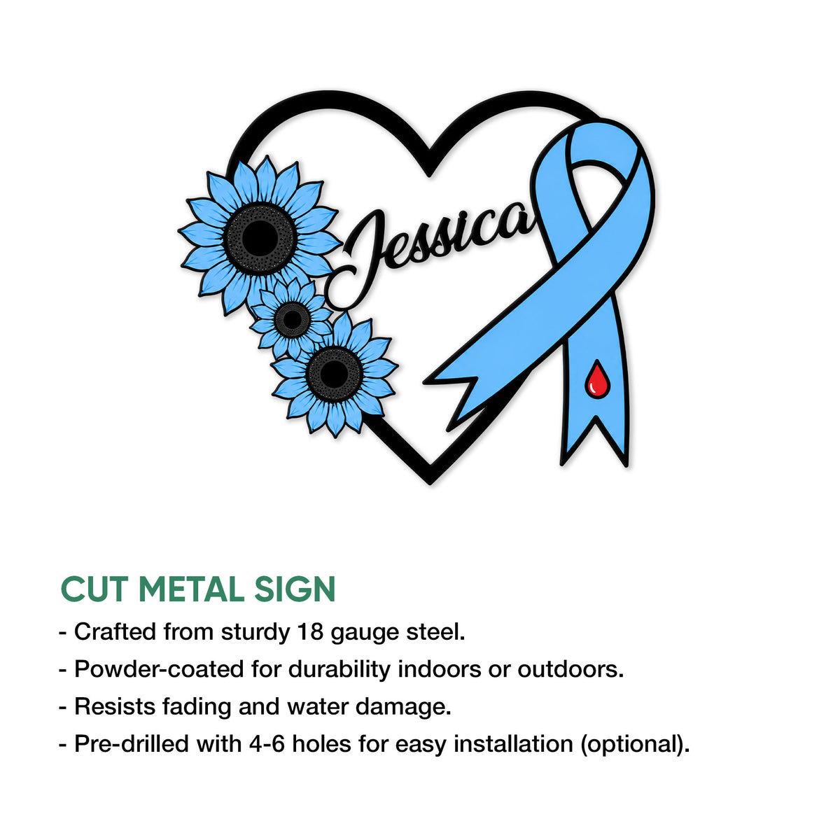 Cut metal diabetes awareness sign featuring blue sunflowers, a heart shape, and blue ribbon