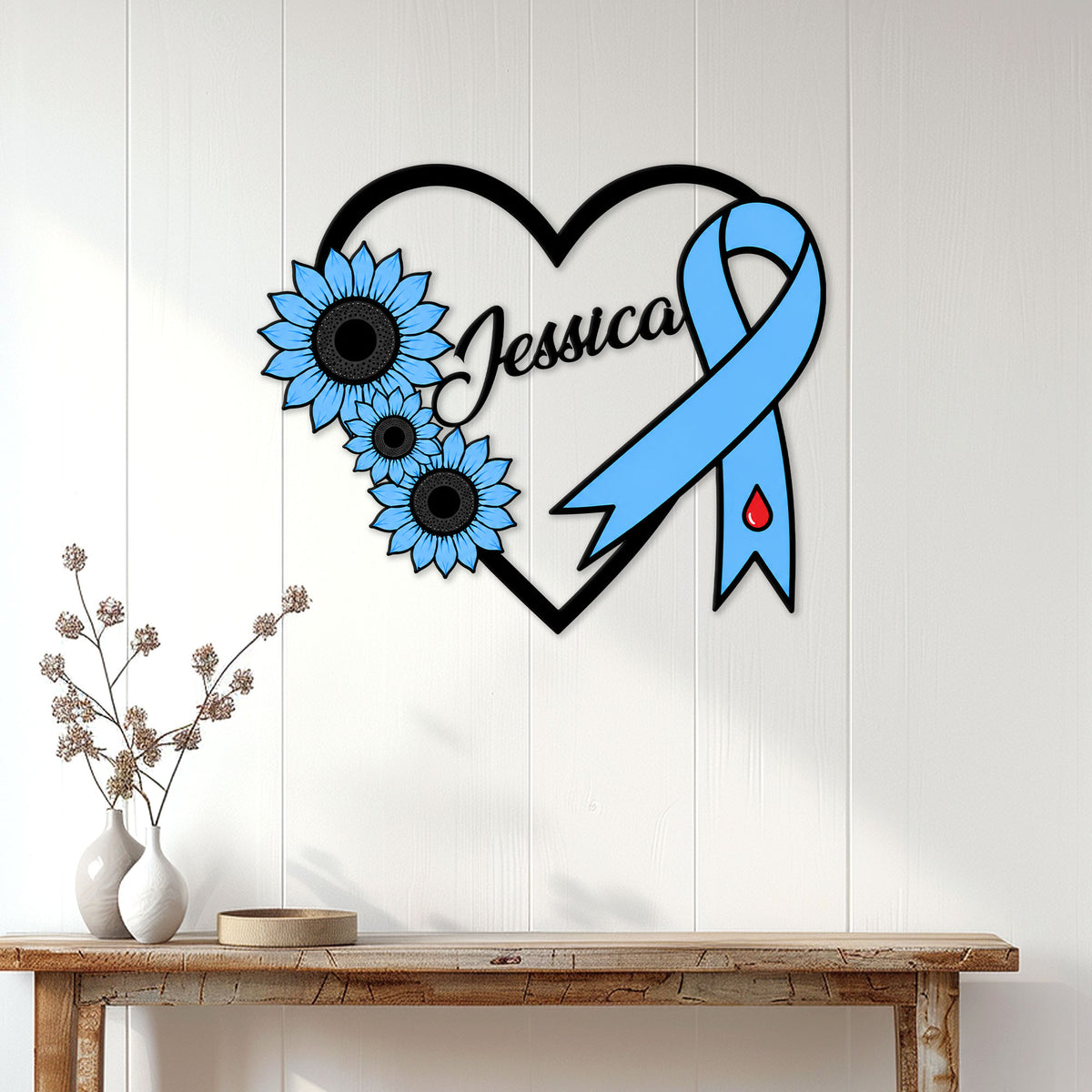 Blue ribbon diabetes awareness wall sign displayed on a bright paneled wall above a console