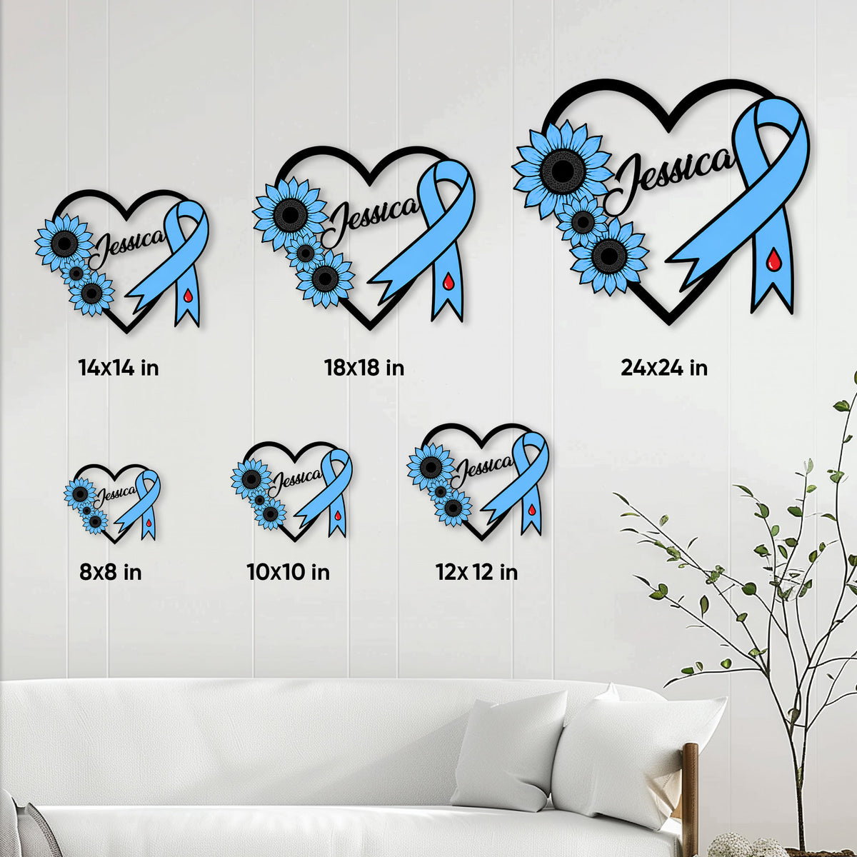 Diabetes awareness metal sign size guide showing multiple square dimensions for wall display