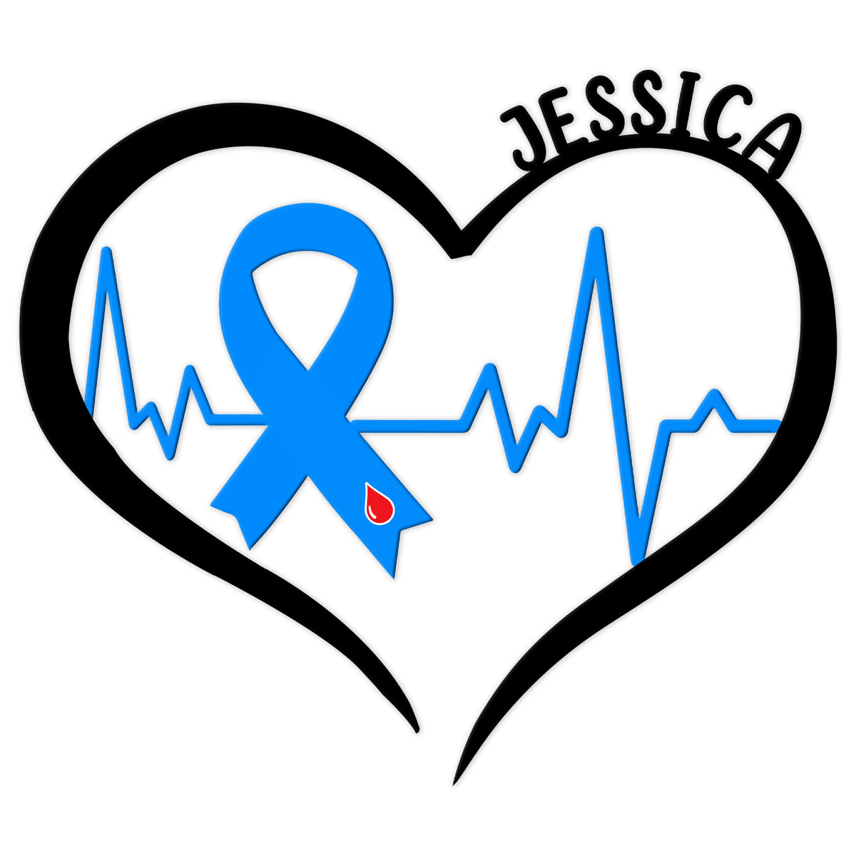 Heart-shaped diabetes awareness metal sign with a blue ribbon, heartbeat line, and blood drop accent