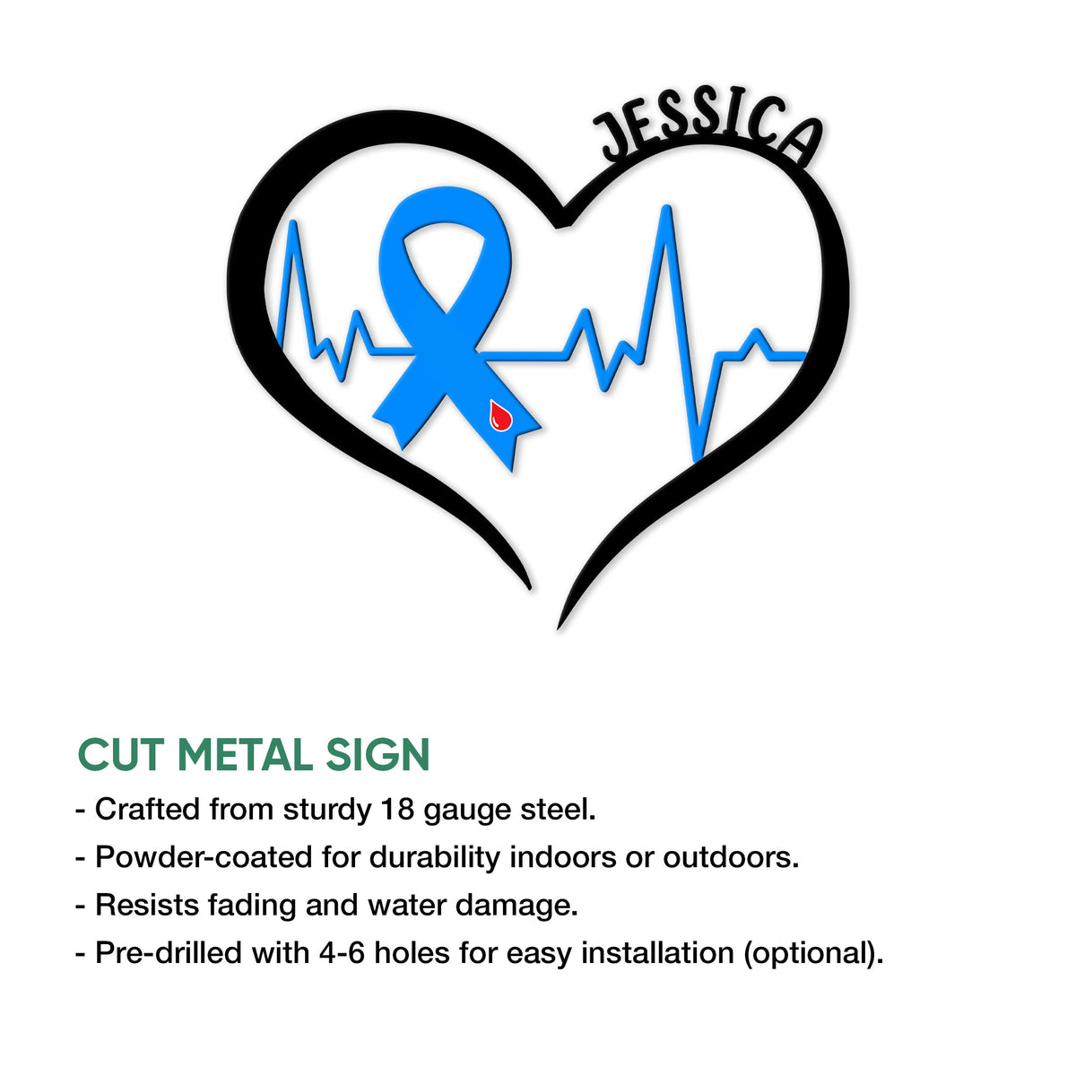 Diabetes awareness heart metal sign shown with cut-metal details and product feature information