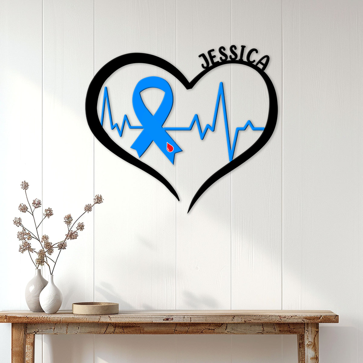 Diabetes awareness wall sign displayed above a console table in a bright home interior