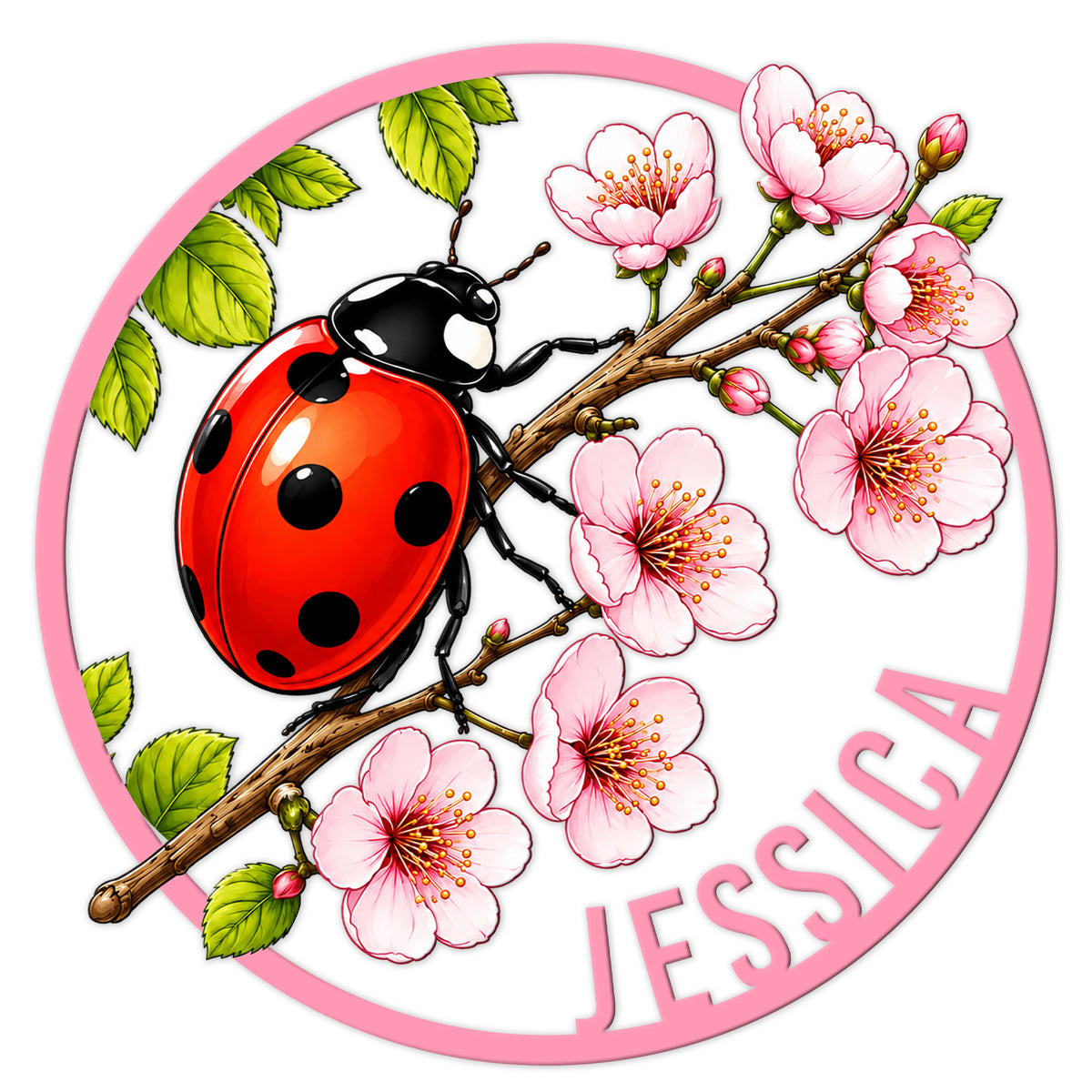 Custom ladybug metal sign featuring a bright red ladybug on a flowering branch with pink blossoms and green leaves