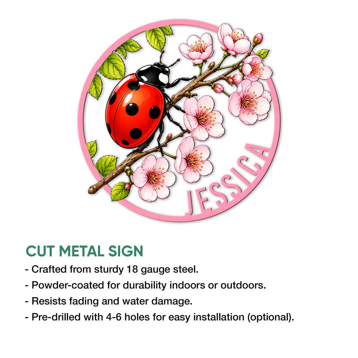 Ladybug cut metal sign shown with a flowering branch design and illustrated product features for indoor or outdoor display