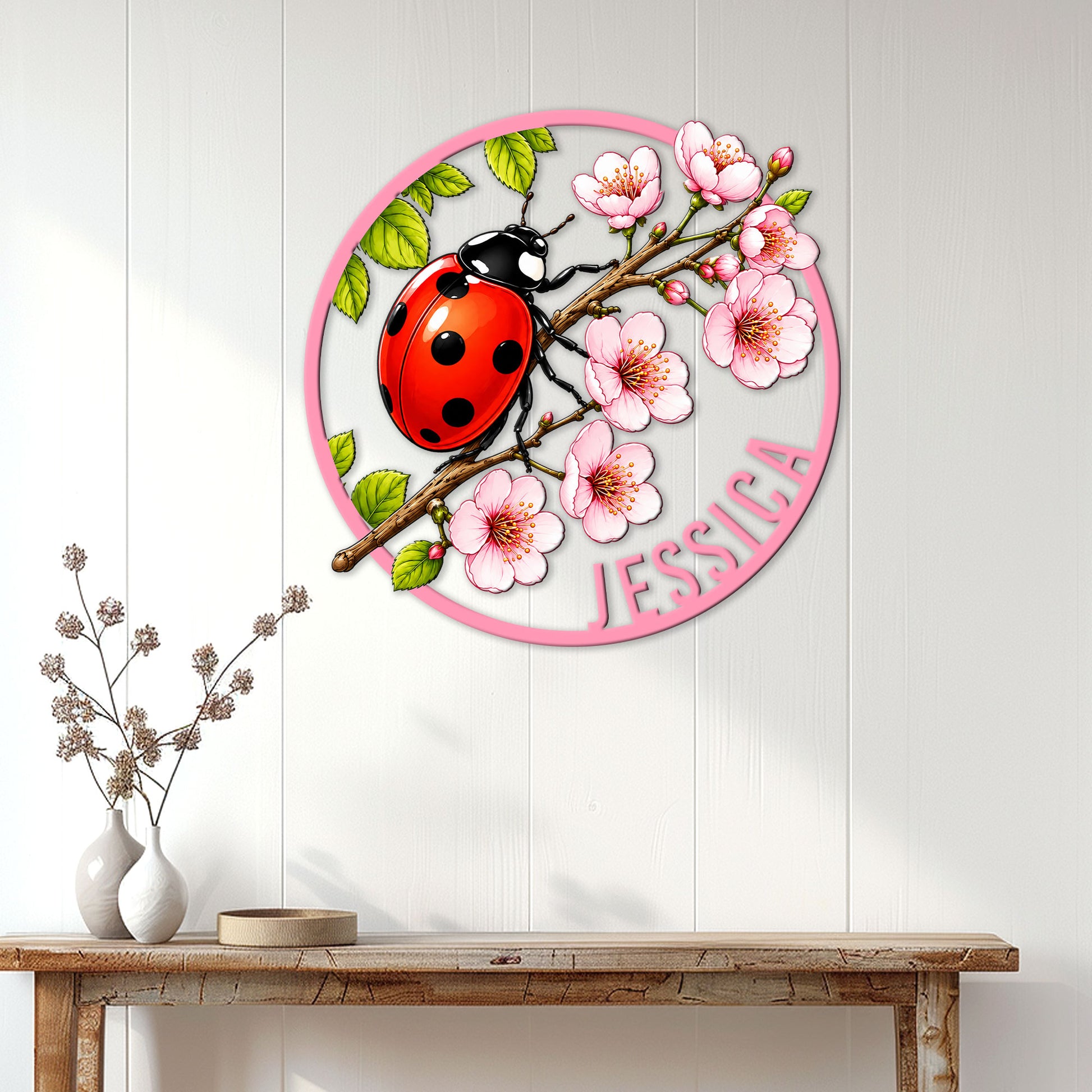 Ladybug wall sign displayed above a console table, bringing colorful spring garden decor to a bright interior
