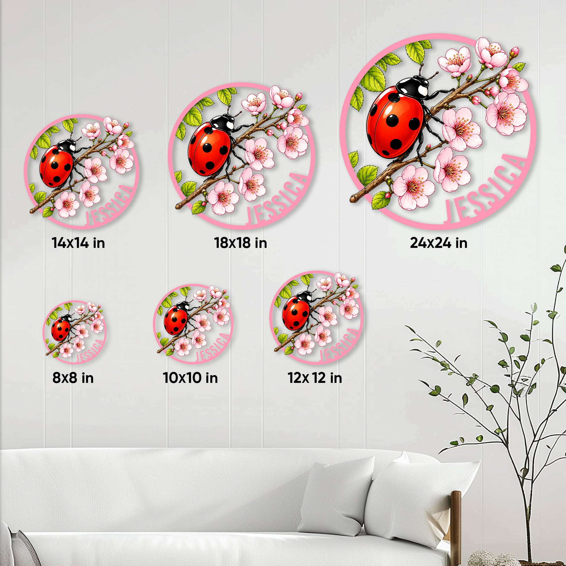 Ladybug metal sign size guide showing available 8, 10, 12, 14, 18, and 24 inch square options