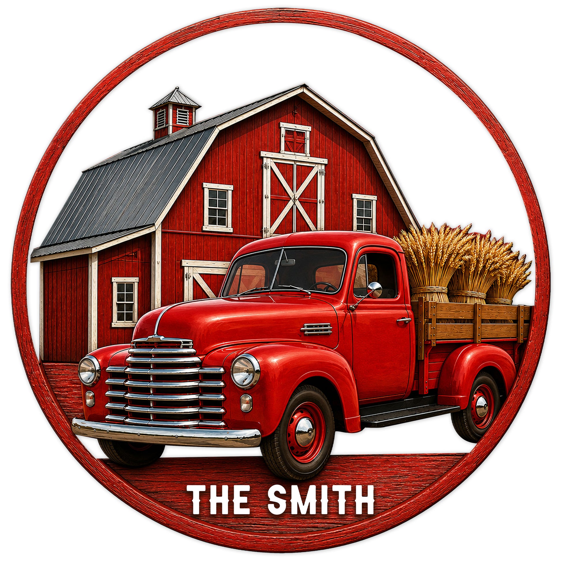Round farm truck metal sign featuring a vintage red pickup, classic red barn, wheat bundles, and rustic wood-look border