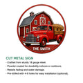 Farm truck metal sign feature graphic showing the vintage pickup and barn design with cut-metal sign details
