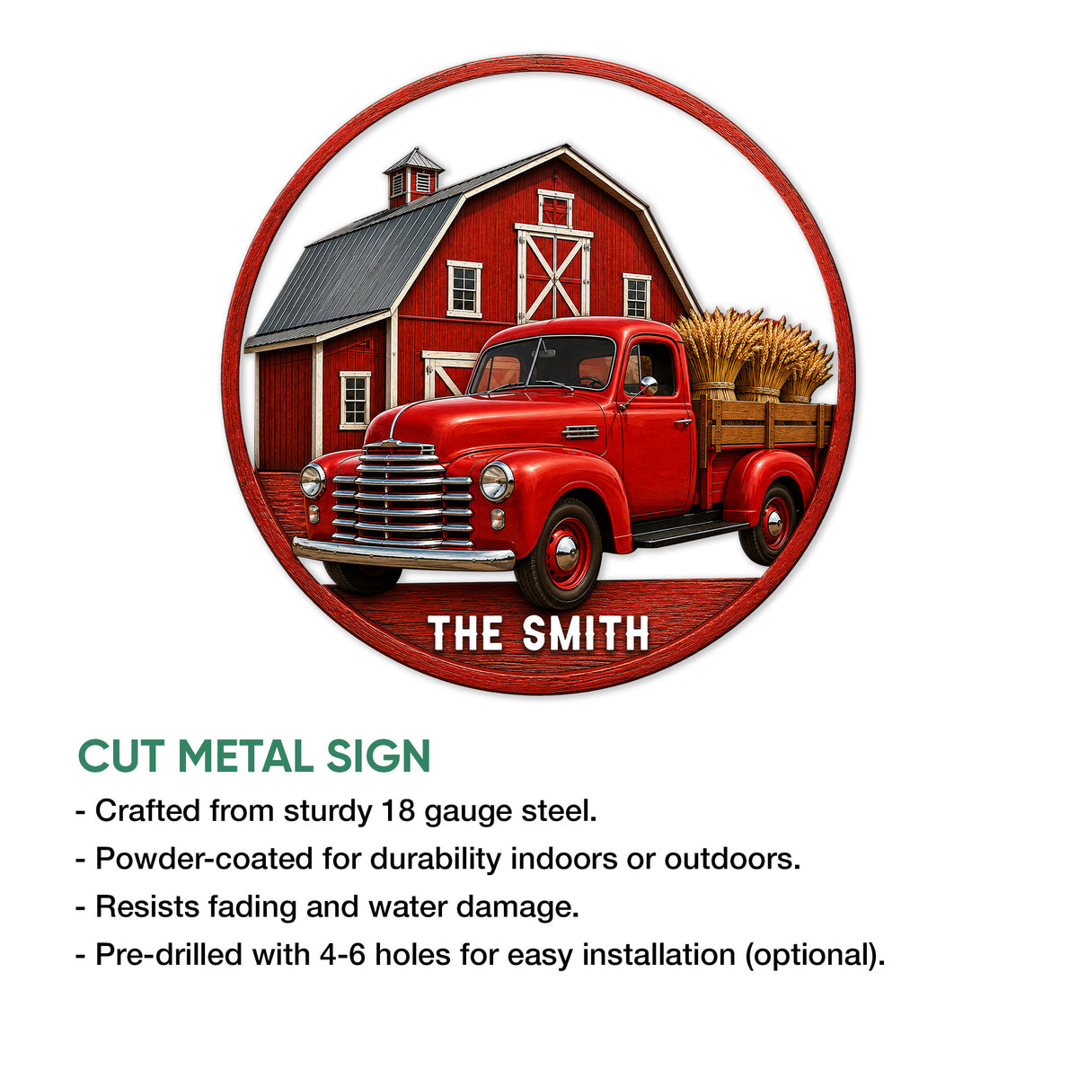 Farm truck metal sign feature graphic showing the vintage pickup and barn design with cut-metal sign details