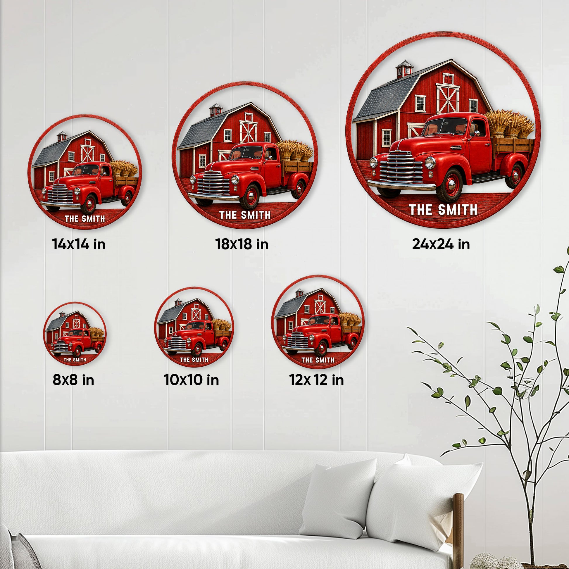 Farm truck metal sign size guide showing six available circular sizes from 8 by 8 to 24 by 24 inches
