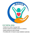 Caregiver cut metal sign feature graphic showing the colorful helping hands design