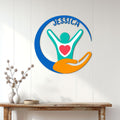 Caregiver wall sign displayed on a white paneled wall above a console table