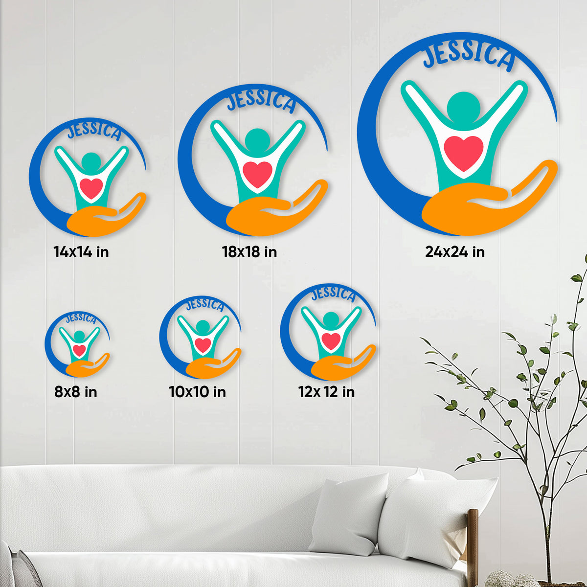 Caregiver metal sign size guide showing six available square size options