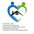Caregiver cut metal sign shown with product feature information and heart-shaped family design