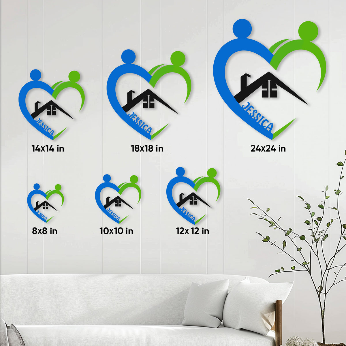 Caregiver metal sign size guide showing available square sizes from 8 by 8 to 24 by 24 inches