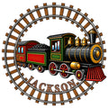 Colorful steam locomotive metal sign framed by a circular railroad track design for railroader wall decor