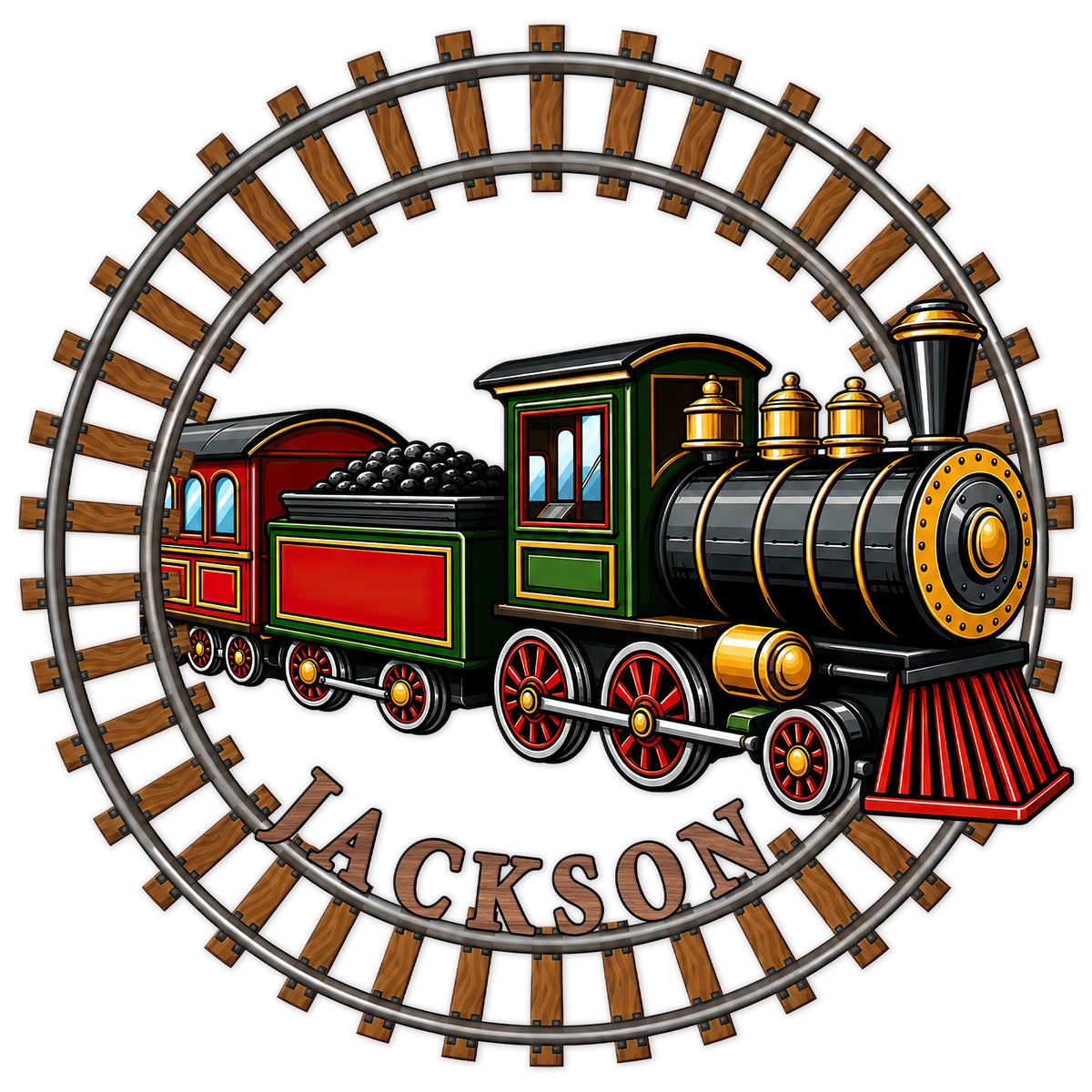 Colorful steam locomotive metal sign framed by a circular railroad track design for railroader wall decor