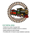 Steam train railroad sign shown with a cut-metal sign feature guide and indoor or outdoor display notes