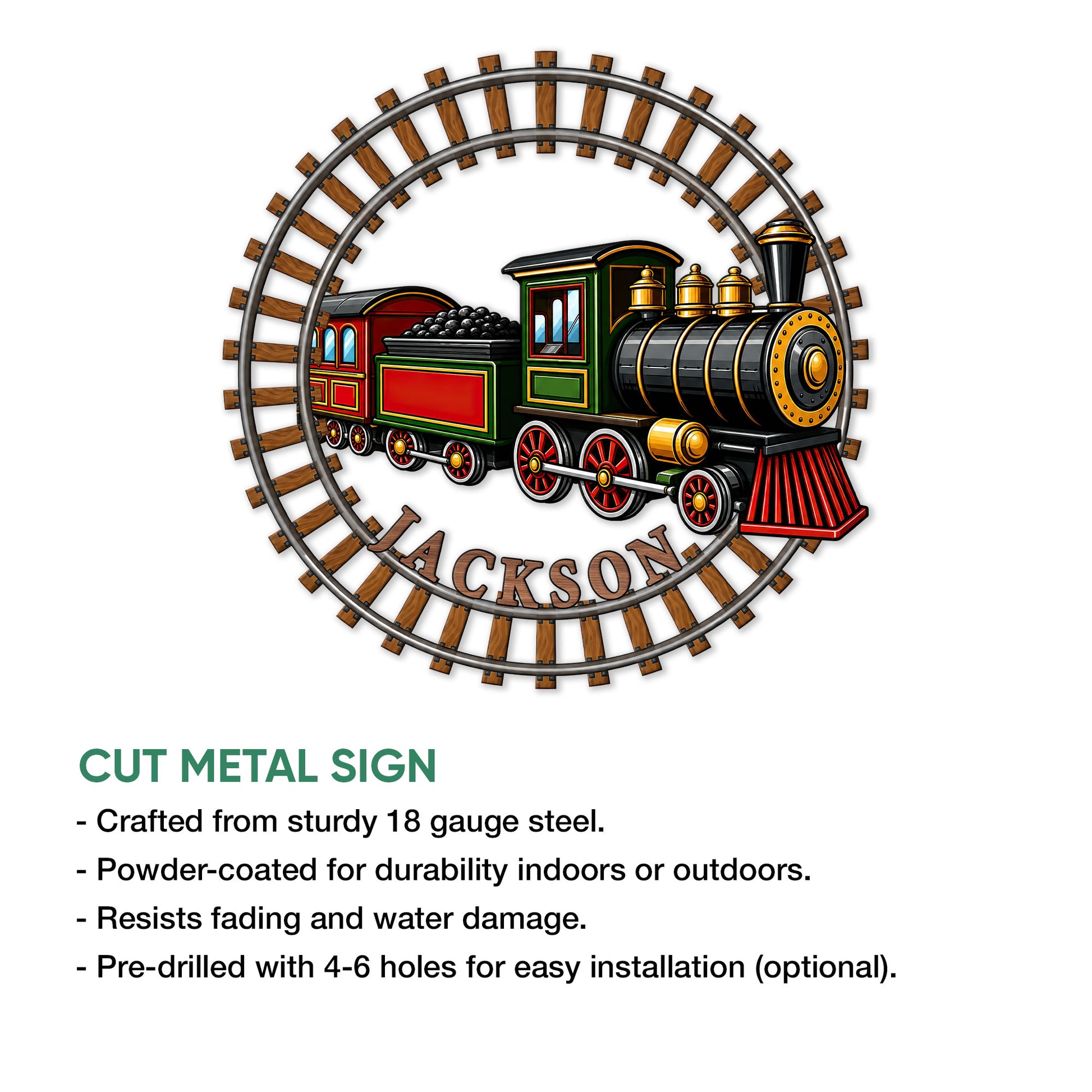 Steam train railroad sign shown with a cut-metal sign feature guide and indoor or outdoor display notes