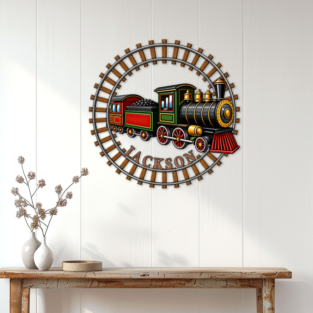 Steam locomotive metal sign displayed on a bright paneled wall above a rustic console table