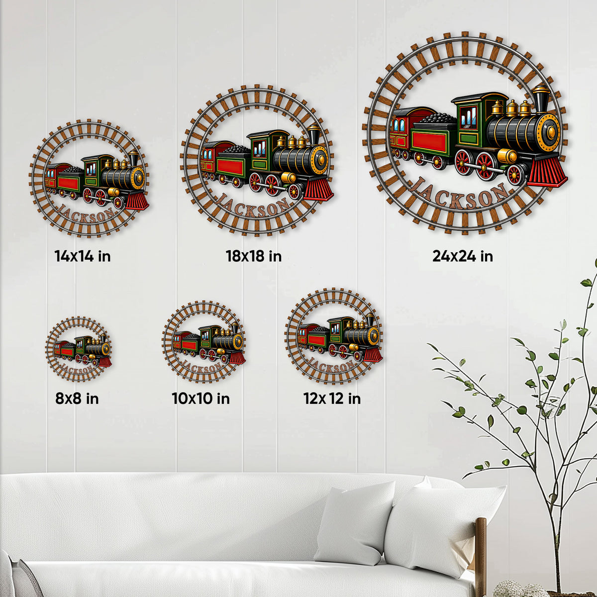 Railroad train metal sign size guide showing available round sign dimensions from 8 by 8 to 24 by 24 inches