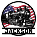 Custom railroader metal sign featuring a vintage steam locomotive against a patriotic American flag design