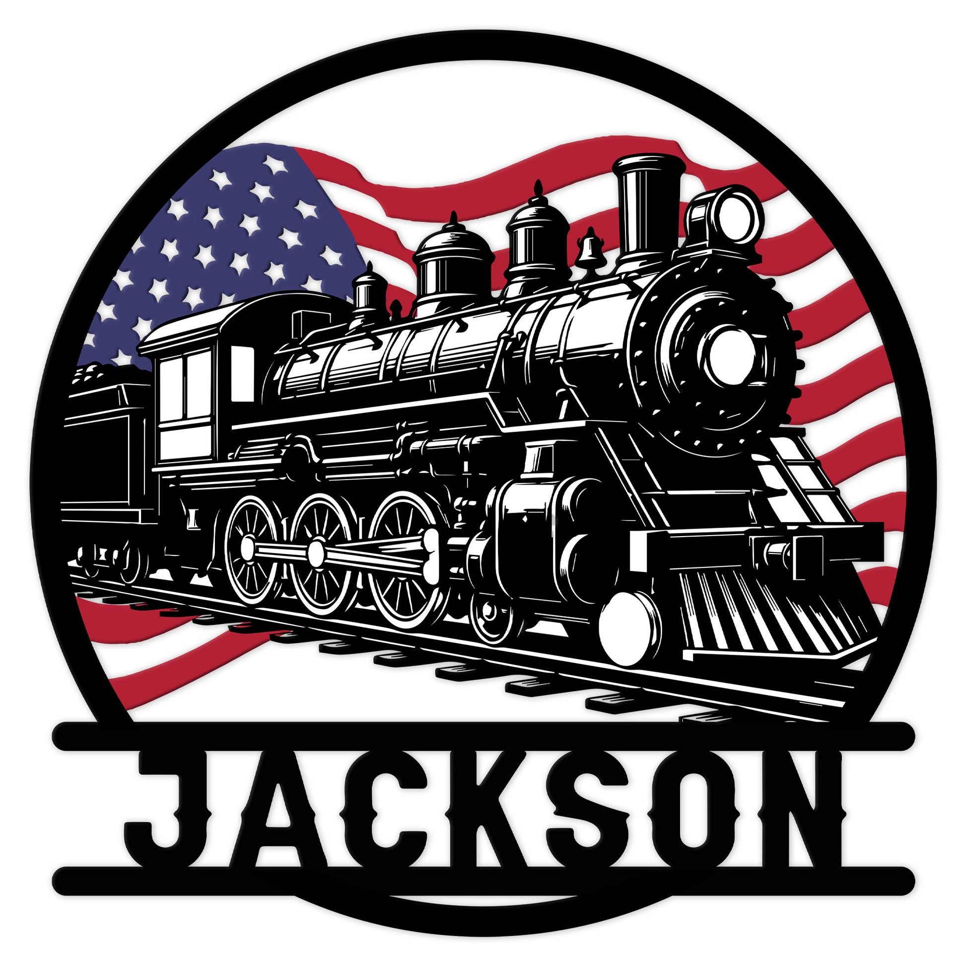 Custom railroader metal sign featuring a vintage steam locomotive against a patriotic American flag design