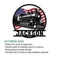 Railroad wall sign product overview showing a black steam train silhouette with an American flag backdrop
